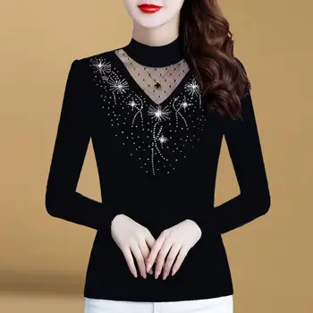 2023 חדש סתיו אופנה פשוט סקסית צוואר עגול רשת עם יהלומים מוצק צבע Slim Fit נוח נוסעים חמים של נשים חולצה